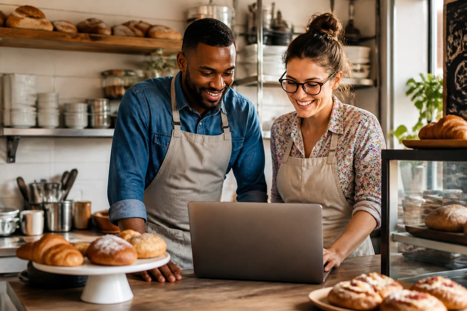 Bakekick founders working together in a warm bakery kitchen