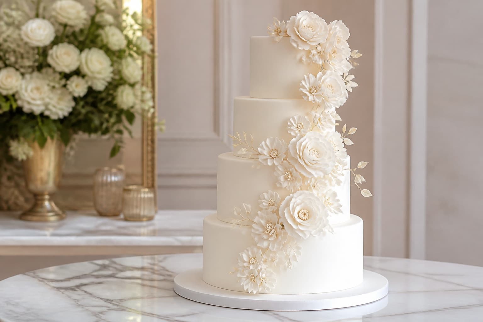 Home baker decorating a floral wedding cake in a warm kitchen