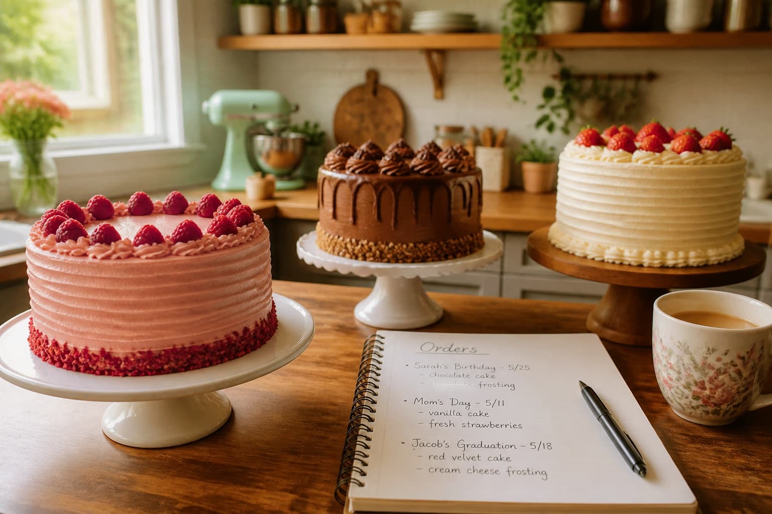 Home kitchen with decorated cakes and handwritten order notes